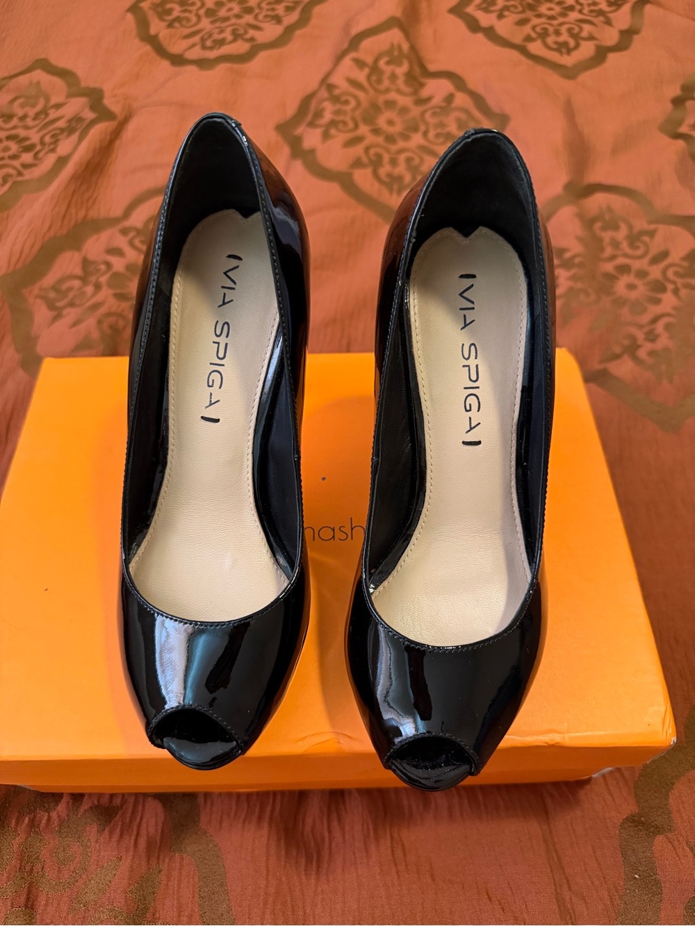 Via Spiga Black Patent Peep Toe Pumps